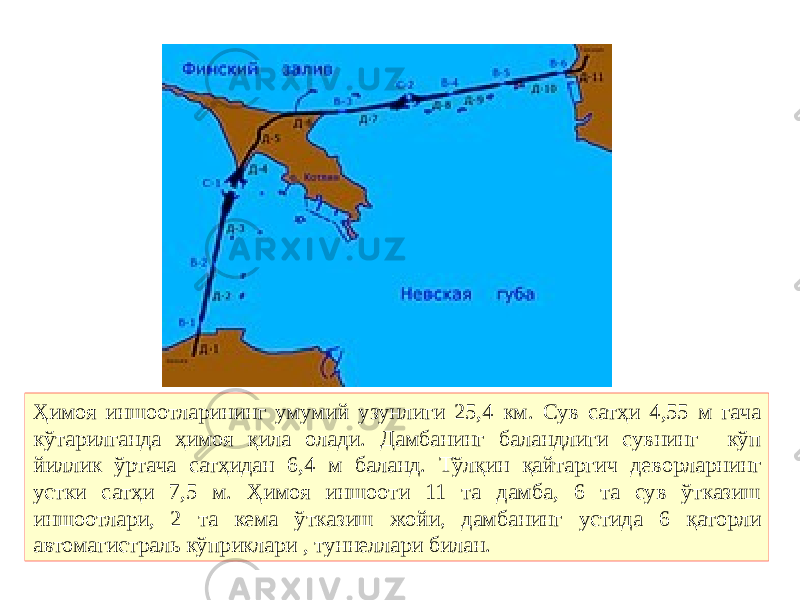 Ҳимоя иншоотларининг умумий узунлиги 25,4 км. Сув сатҳи 4,55 м гача кўтарилганда ҳимоя қила олади. Дамбанинг баландлиги сувнинг кўп йиллик ўртача сатҳидан 6,4 м баланд. Тўлқин қайтаргич деворларнинг устки сатҳи 7,5 м. Ҳимоя иншооти 11 та дамба, 6 та сув ўтказиш иншоотлари, 2 та кема ўтказиш жойи , дамбанинг устида 6 қаторли автомагистраль кўприклари , туннеллари билан. 