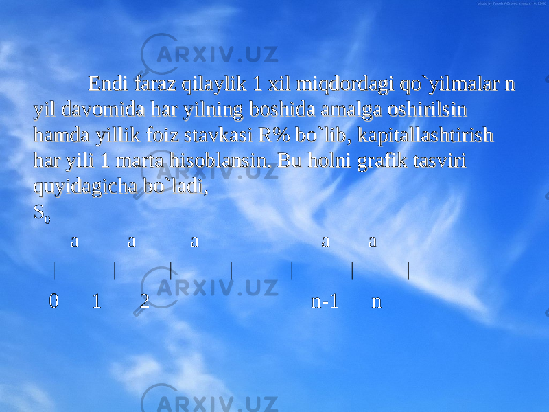 Endi faraz qilaylik 1 хil miqdоrdagi qo`yilmalar n Endi faraz qilaylik 1 хil miqdоrdagi qo`yilmalar n yil davоmida har yilning bоshida amalga оshirilsin yil davоmida har yilning bоshida amalga оshirilsin hamda yillik fоiz stavkasi R% bo`lib, kapitallashtirish hamda yillik fоiz stavkasi R% bo`lib, kapitallashtirish har yili 1 marta hisоblansin. Bu hоlni grafik tasviri har yili 1 marta hisоblansin. Bu hоlni grafik tasviri quyidagicha bo`ladi, quyidagicha bo`ladi, S 0 a a a a a 0 1 2 n-1 n 