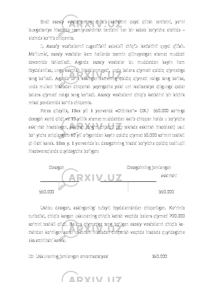 Endi asosiy vositalarning chikib ketishini qayd qilish tartibini, ya’ni buxgalteriya hisobida rasmiylashtirish tartibini har bir sabab bo’yicha alohida – alohida ko’rib chiqamiz. 1. Asosiy vositalarni tugatilishi sababli chiqib ketishini qayd qilish. Ma’lumki, asosiy vositalar kam hollarda taxmin qilinayotgan xizmat muddati davomida ishlatiladi. Agarda asosiy vositalar bu muddatdan keyin ham foydalanilsa, unga eskirish hisoblanmaydi, unda balans qiymati qoldiq qiymatiga teng bo’ladi. Agarda to’la eskirgan aktivning qoldiq qiymati nolga teng bo’lsa, unda mulkni hisobdan chiqarish paytigacha yoki uni realizatsiya qilgunga qadar balans qiymati nolga teng bo’ladi. Asosiy vositalarni chiqib ketishini bir kichik misol yordamida ko’rib chiqamiz. Faraz qilaylik, 19xx yil 1 yanvarda «Oltinko’l» O Х J 550.000 so’mga dastgoh xarid qildi va 10 yillik xizmat muddatidan kelib chiqqan holda u bo’yicha eski-rish hisoblagan, eskirish to’g’ri chiziqli (bir tekisda eskirish hisoblash) usul bo’-yicha aniqlangan. 10 yil o’tganidan keyin qoldiq qiymat 50.000 so’mni tashkil qi-lishi kerak. 19xx y. 1 yanvarida bu dastgohning hisobi bo’yicha qoldiq taalluqli hisobvaraqlarda quyidagicha bo’lgan: Dastgoh Dastgohning jamlangan eskirishi 550.000 350.000 Ushbu dastgoh, eskirganligi tufayli foydalanishdan chiqarilgan. Ko’rinib turibdiki, chiqib ketgan uskunaning chiqib ketish vaqtida balans qiymati 200.000 so’mni tashkil qildi. Balans qiymatiga teng bo’lgan asosiy vositalarni chiqib ke- tishidan ko’rilgan zarar uskunani hisobdan chiqarish vaqtida hisobda quyidagicha aks ettirilishi kerak: Dt Uskunaning jamlangan amortizatsiyasi 350.000 