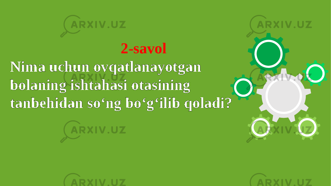  2-savol Nima uchun ovqatlanayotgan bolaning ishtahasi otasining tanbehidan so‘ng bo‘g‘ilib qoladi? 