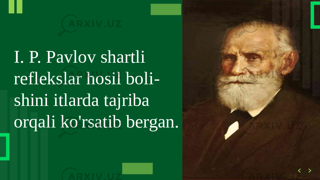 I. P. Pavlov shartli reflekslar hosil boli- shini itlarda tajriba orqali ko&#39;rsatib bergan. 