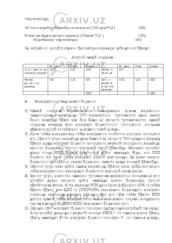 тақсимланади. Кейинги жараёнга бериладиган махсулот (1100 дона*1,2 ) 1320 Минус меъёрдан ортиқча даромад (100дона *1,2 ) (120) Жараённиниг соф таннархи 1200 Бу жараённи ҳисобга олувчи бухгалтерия езувлари қуйидагича бўлади: Асосий ишлаб чиқариш Миқдори Баҳо Сумма Миқдори Баҳо Сумма Киритилаетган ре сурсларга харажат 1200 1,00 1200 Меъёрий йўқотиш 200 -- -- Меъёр дан ортиқча даромад 100 1,20 120 Кейинги жараёнга ўтказилган махсулот 1100 1,20 1320 1320 1320 4. Махсулотнинг эквивалент бирлиги. 1) Ишлаб чиқариш харажатларини калькуляция қилиш жараёнини тушунтиришни мақсадида ТИЧ муаммосига тухталмаган эдик. Аммо баъзи ҳолларда бўлса ҳам йил боши ва охирига тугалланмаган ишлаб чиқариш мавжуд экан махсулот бирлигининг таннархини аниқлаш қўшимча ҳисоб китобларни қилишни талаб қилади. 2) Ярим тайёр махсулотлар тайёр махсулотга нисбаттан пастрок таннархга эга . Шунинг учун , жараёнда давр бошига ва охирига ТИЧ қолдиғи мавжуд бўлган ҳолда махсулот бирлиги таннархини умумий таннархини жараёнда олинган бирликлар сонига таксимлаб топиб бўлмайди . Масалан : ҳисобот даври ичида 8000 бирлик тулигигача қайта ишловдан ўтди , яна 2000 бирлиги эса ярим тайёр махсулот холига келтирилди . Бу ҳолат меҳнат бирлигинг таннархини иккала бирликни кушган ҳолда аниқлаб бўлмайди . 3) Шунинг учун ҳали қайта ишлов жараёнида бўлган ярим фабрикантларни тайёр махсулотнинг эквивалент бирлигига келтириб олиш лозим . 4) Бунинг учун , қилинган ишларни тугалланиш даражасини аниқлаш ва уни ҳисобот даври охирига қайта ишловда колган бирликлар сонига кўпайтириш лозим . Агар юқорида 2000 дона ярим фабрикант 50% га тайёр бўлган бўлса , уни 1000 та (2000*50%) эквивалент бирликдаги махсулот сифатида келтириш мумкун . Шундан сўнг уни тўла тайёр бўлган 8000 донага кушиб тайёр махсулотнинг жами эквивалент чиқиши миқдорини топиш мумкун . У (8000+1000) эквивалент бирликка тенг. 5) Шундан сўнг махсулот бирлиги таннархи одатдагидек ҳисоблаб топилади. Агар ҳисобот давридаги умумий таннарх 18000 f ни ташкил қилган бўлса, тўлиқ ишловдан ўтган махсулот бирлиги таннархи 2 ни ташкил қилади, 