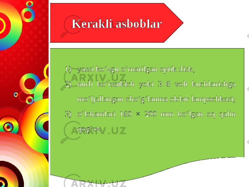 Kerakli asboblar 1) yassi ko‘zgu o‘rnatilgan optik disk; 2) nurli ko‘rsatkich yoki 3–6 volt kuchlanishga mo‘ljallangan cho‘g‘lanma elektr lampochkasi; 3) o‘lchamlari 160 × 200 mm bo‘lgan oq qalin qog‘oz. 