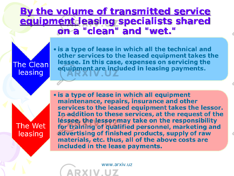 By the volume of transmitted service By the volume of transmitted service equipment equipment leasing specialists shared leasing specialists shared on a &#34;clean&#34; and &#34;wet.&#34; on a &#34;clean&#34; and &#34;wet.&#34; www.arxiv.uz 