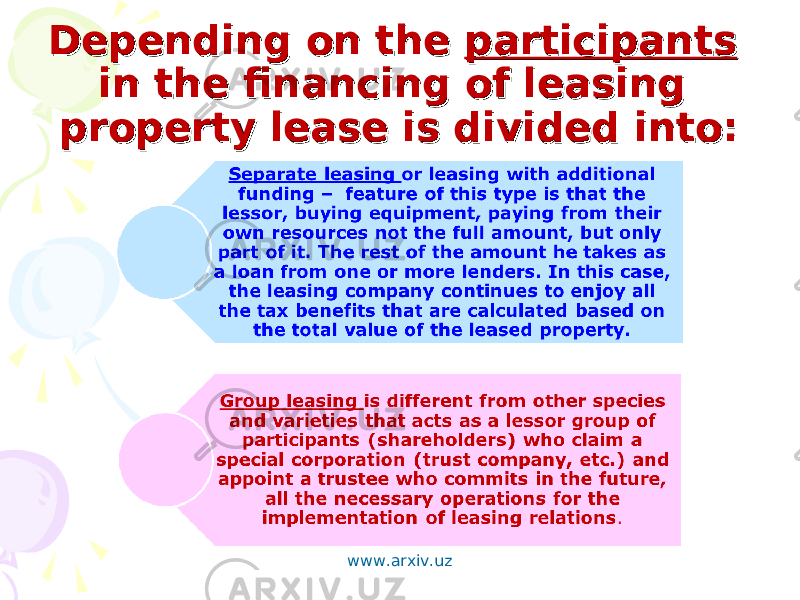 Depending on the Depending on the participantsparticipants in the financing of leasing in the financing of leasing property lease is divided into:property lease is divided into: www.arxiv.uz 