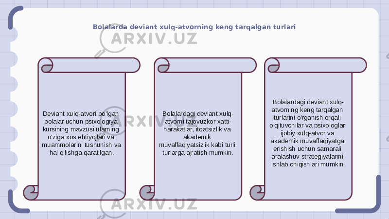 Bolalarda deviant xulq-atvorning keng tarqalgan turlari Deviant xulq-atvori bo&#39;lgan bolalar uchun psixologiya kursining mavzusi ularning o&#39;ziga xos ehtiyojlari va muammolarini tushunish va hal qilishga qaratilgan. Bolalardagi deviant xulq- atvorni tajovuzkor xatti- harakatlar, itoatsizlik va akademik muvaffaqiyatsizlik kabi turli turlarga ajratish mumkin. Bolalardagi deviant xulq- atvorning keng tarqalgan turlarini o&#39;rganish orqali o&#39;qituvchilar va psixologlar ijobiy xulq-atvor va akademik muvaffaqiyatga erishish uchun samarali aralashuv strategiyalarini ishlab chiqishlari mumkin. 