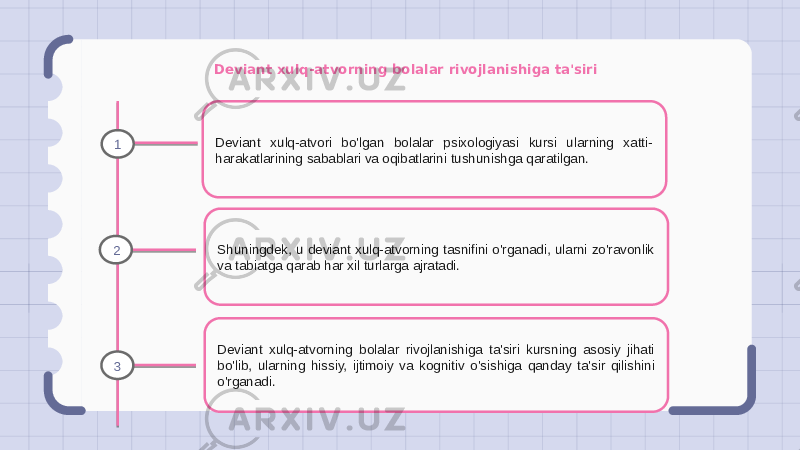 Deviant xulq-atvorning bolalar rivojlanishiga ta&#39;siri Deviant xulq-atvori bo&#39;lgan bolalar psixologiyasi kursi ularning xatti- harakatlarining sabablari va oqibatlarini tushunishga qaratilgan. Shuningdek, u deviant xulq-atvorning tasnifini o&#39;rganadi, ularni zo&#39;ravonlik va tabiatga qarab har xil turlarga ajratadi. Deviant xulq-atvorning bolalar rivojlanishiga ta&#39;siri kursning asosiy jihati bo&#39;lib, ularning hissiy, ijtimoiy va kognitiv o&#39;sishiga qanday ta&#39;sir qilishini o&#39;rganadi.1 2 3 