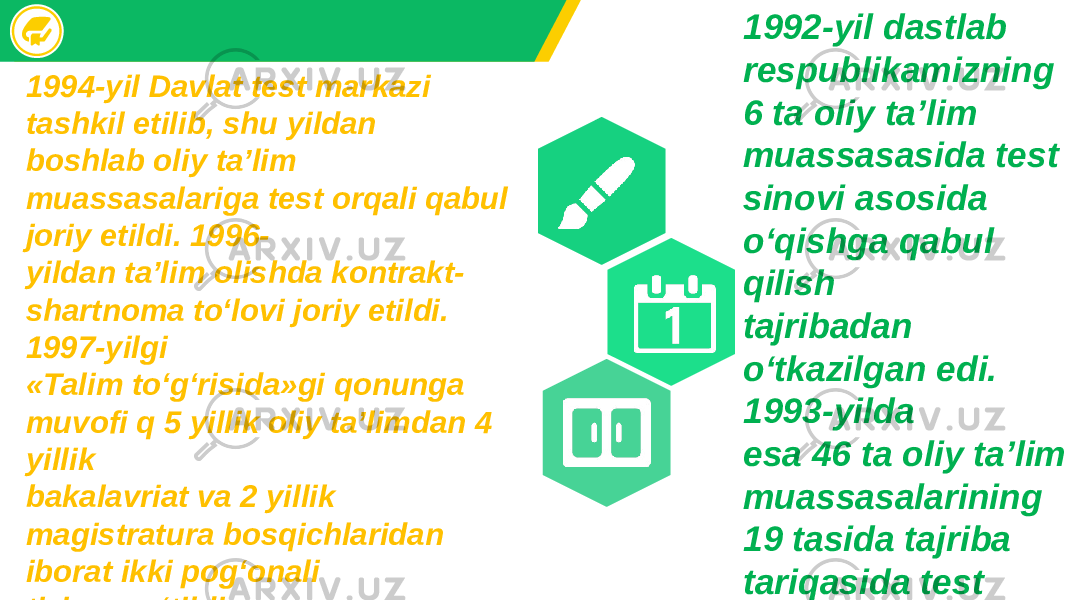 1992-yil dastlab respublikamizning 6 ta oliy ta’lim muassasasida test sinovi asosida o‘qishga qabul qilish tajribadan o‘tkazilgan edi. 1993-yilda esa 46 ta oliy ta’lim muassasalarining 19 tasida tajriba tariqasida test sinovlari o‘tkazildi. 1994-yil Davlat test markazi tashkil etilib, shu yildan boshlab oliy ta’lim muassasalariga test orqali qabul joriy etildi. 1996- yildan ta’lim olishda kontrakt- shartnoma to‘lovi joriy etildi. 1997-yilgi «Talim to‘g‘risida»gi qonunga muvofi q 5 yillik oliy ta’limdan 4 yillik bakalavriat va 2 yillik magistratura bosqichlaridan iborat ikki pog‘onali tizimga o‘tildi 