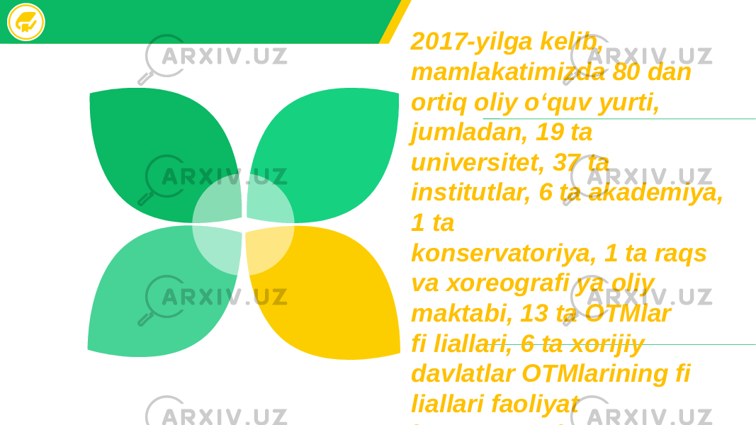 2017-yilga kelib, mamlakatimizda 80 dan ortiq oliy o‘quv yurti, jumladan, 19 ta universitet, 37 ta institutlar, 6 ta akademiya, 1 ta konservatoriya, 1 ta raqs va xoreografi ya oliy maktabi, 13 ta OTMlar fi liallari, 6 ta xorijiy davlatlar OTMlarining fi liallari faoliyat ko‘rsatmoqda. 