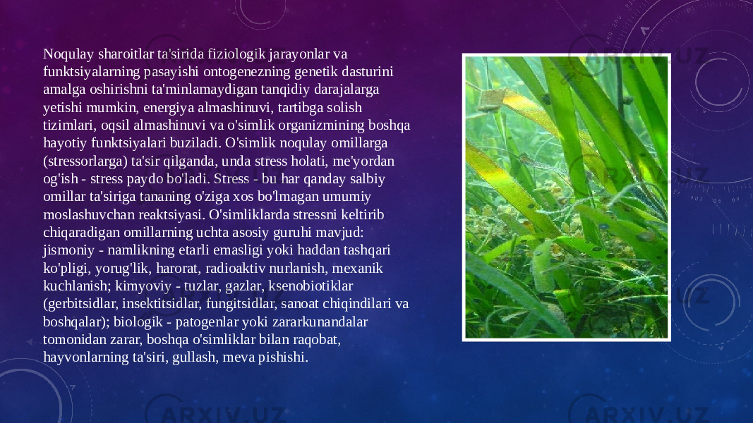 Noqulay sharoitlar ta&#39;sirida fiziologik jarayonlar va funktsiyalarning pasayishi ontogenezning genetik dasturini amalga oshirishni ta&#39;minlamaydigan tanqidiy darajalarga yetishi mumkin, energiya almashinuvi, tartibga solish tizimlari, oqsil almashinuvi va o&#39;simlik organizmining boshqa hayotiy funktsiyalari buziladi. O&#39;simlik noqulay omillarga (stressorlarga) ta&#39;sir qilganda, unda stress holati, me&#39;yordan og&#39;ish - stress paydo bo&#39;ladi. Stress - bu har qanday salbiy omillar ta&#39;siriga tananing o&#39;ziga xos bo&#39;lmagan umumiy moslashuvchan reaktsiyasi. O&#39;simliklarda stressni keltirib chiqaradigan omillarning uchta asosiy guruhi mavjud: jismoniy - namlikning etarli emasligi yoki haddan tashqari ko&#39;pligi, yorug&#39;lik, harorat, radioaktiv nurlanish, mexanik kuchlanish; kimyoviy - tuzlar, gazlar, ksenobiotiklar (gerbitsidlar, insektitsidlar, fungitsidlar, sanoat chiqindilari va boshqalar); biologik - patogenlar yoki zararkunandalar tomonidan zarar, boshqa o&#39;simliklar bilan raqobat, hayvonlarning ta&#39;siri, gullash, meva pishishi. 