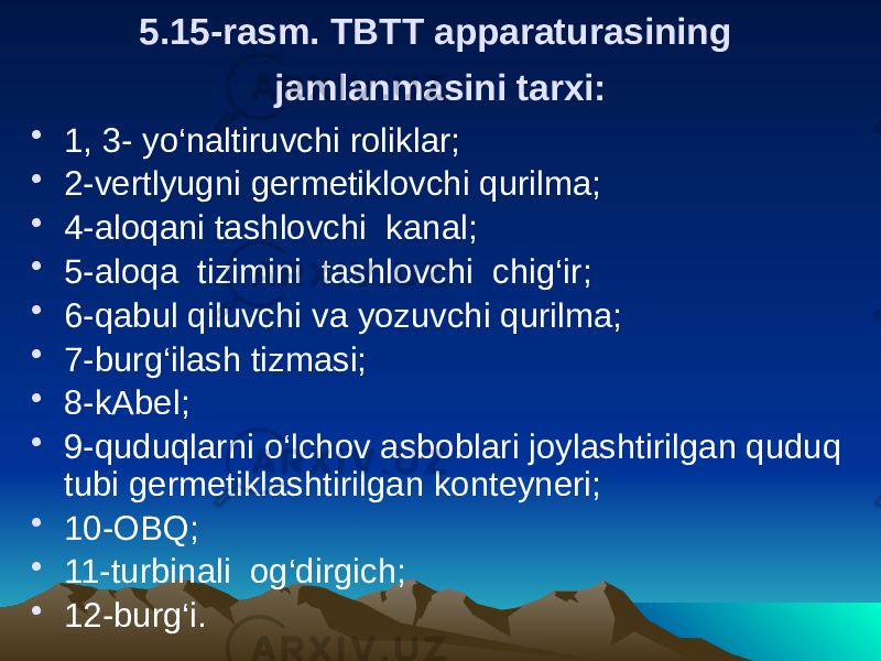 5.15-rasm. TBTT apparaturasining jamlanmasini tarxi: • 1, 3- yо‘naltiruvchi roliklar; • 2-vertlyugni germetiklovchi qurilma; • 4-aloqani tashlovchi kanal; • 5-aloqa tizimini tashlovchi chig‘ir; • 6-qabul qiluvchi va yozuvchi qurilma; • 7-burg‘ilash tizmasi; • 8-kAbel; • 9-quduqlarni о‘lchov asboblari joylashtirilgan quduq tubi germetiklashtirilgan konteyneri; • 10-OBQ; • 11-turbinali og‘dirgich; • 12-burg‘i. 