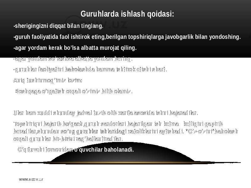 Guruhlarda ishlash qoidasi: -sherigingizni diqqat bilan tinglang. -guruh faoliyatida faol ishtirok eting,berilgan topshiriqlarga javobgarlik bilan yondoshing. -agar yordam kerak bo’lsa albatta murojat qiling. -agar yordam so’rashsa albatta yordam bering. -guruhlar faoliyatini baholashda hamma ishtirok etishi shart. Aniq tushinmog’imiz lozim: Boshqaga o’rgatish orqali o’zimiz bilib olamiz. Ular ham xuddi shunday jadval tuzib olib xarita asosida ishni bajaradilar. Topshiriqni bajarib bo’gach,guruh sardorlari bajarilgan ish ketma –ketligini gapirib beradilar,shundan so’ng guruhlar ishlaridagi xatoliklarini aytishadi. “O’z-o’zini”baholash orqali guruhlar bir-birini rag’batlantiradilar. O’qituvchi tomonidan o’quvchilar baholanadi. W WW. A R X I V. U Z 