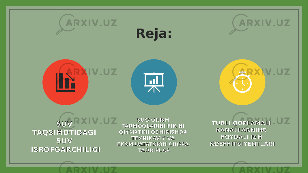 Reja: SUV TAQSIMOTIDAGI SUV ISROFGARCHILIGI SUG’ORISH TARMOQLARINI FIK NI QIYMATINI OSHIRISHDA TEXNIKAVIY VA EKSPLUATATSION CHORA- TADBIRLAR TURLI QOPLAMALI KANALLARNING FOYDALI ISH KOEFFITSIYENTLARI 