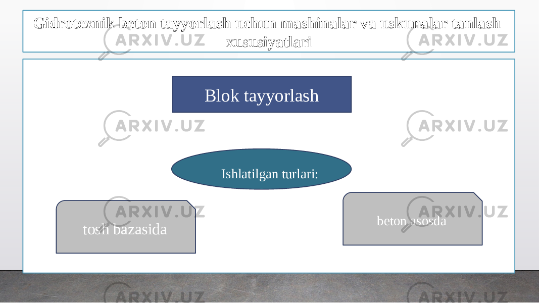 Gidrotexnik beton tayyorlash uchun mashinalar va uskunalar tanlash xususiyatlari Blok tayyorlash Ishlatilgan turlari: tosh bazasida beton asosda 