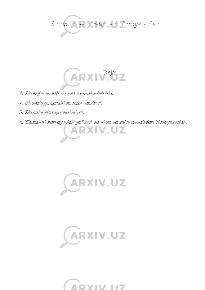 Shovqin va titrashdan himoyalanish Reja: 1. Shovqin tasnifi va uni meyorlashtirish. 2. Shovqinga qarshi kurash usullari. 3. Shaxsiy himoya vositalari. 4. Titrashni kamaytirish yo’llari va ultra va infratovushdan himoyalanish. 1 