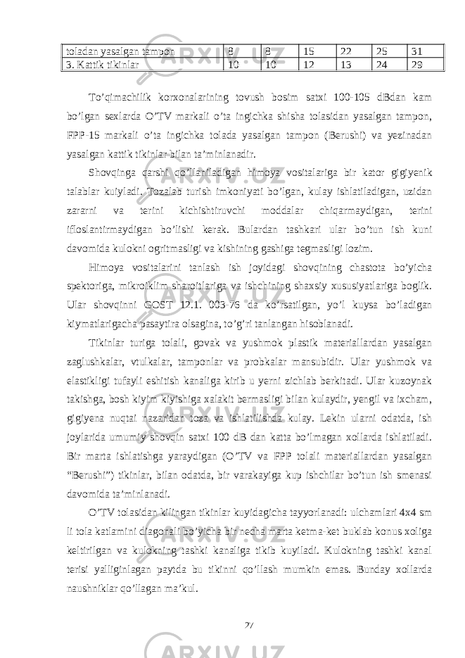 toladan yasalgan tampon 8 8 15 22 25 31 3. Kattik tikinlar 10 10 12 13 24 29 To’qimachilik korxonalarining tovush bosim satxi 100-105 dBdan kam bo’lgan sexlarda O’TV markali o’ta ingichka shisha tolasidan yasalgan tampon, FPP-15 markali o’ta ingichka tolada yasalgan tampon (Berushi) va yezinadan yasalgan kattik tikinlar bilan ta’minlanadir. Shovqinga qarshi qo ’ llaniladigan himoya vositalariga bir kator gigiyenik talablar kuiyladi . Tozalab turish imkoniyati bo ’ lgan , kulay ishlatiladigan , uzidan zararni va terini kichishtiruvchi moddalar chiqarmaydigan , terini ifloslantirmaydigan bo ’ lishi kerak . Bulardan tashkari ular bo ’ tun ish kuni davomida kulokni ogritmasligi va kishining gashiga tegmasligi lozim . Himoya vositalarini tanlash ish joyidagi shovqining chastota bo ’ yicha spektoriga , mikroiklim sharoitlariga va ishchining shaxsiy xususiyatlariga boglik . Ular shovqinni GOST 12.1. 003-76 da ko ’ rsatilgan , yo ’ l kuysa bo ’ ladigan kiymatlarigacha pasaytira olsagina , to ’ g ’ ri tanlangan hisoblanadi . Tikinlar turiga tolali, govak va yushmok plastik materiallardan yasalgan zaglushkalar, vtulkalar, tamponlar va probkalar mansubidir. Ular yushmok va elastikligi tufayli eshitish kanaliga kirib u yerni zichlab berkitadi. Ular kuzoynak takishga, bosh kiyim kiyishiga xalakit bermasligi bilan kulaydir, yengil va ixcham, gigiyena nuqtai nazaridan toza va ishlatilishda kulay. Lekin ularni odatda, ish joylarida umumiy shovqin satxi 100 dB dan katta bo’lmagan xollarda ishlatiladi. Bir marta ishlatishga yaraydigan (O’TV va FPP tolali materiallardan yasalgan “Berushi”) tikinlar, bilan odatda, bir varakayiga kup ishchilar bo’tun ish smenasi davomida ta’minlanadi. O’TV tolasidan kilingan tikinlar kuyidagicha tayyorlanadi: ulchamlari 4x4 sm li tola katlamini diagonali bo’yicha bir necha marta ketma-ket buklab konus xoliga keltirilgan va kulokning tashki kanaliga tikib kuyiladi. Kulokning tashki kanal terisi yalliginlagan paytda bu tikinni qo’llash mumkin emas. Bunday xollarda naushniklar qo’llagan ma’kul. 27 