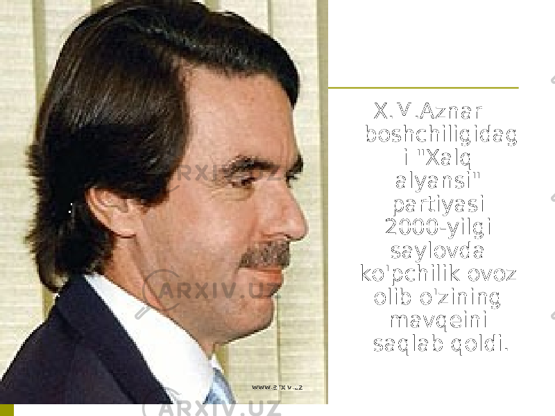 X.M.Aznar boshchiligidag i &#34;Xalq alyansi&#34; partiyasi 2000-yilgi saylovda ko&#39;pchilik ovoz olib o&#39;zining mavqeini saqlab qoldi. www.arxiv.uz 