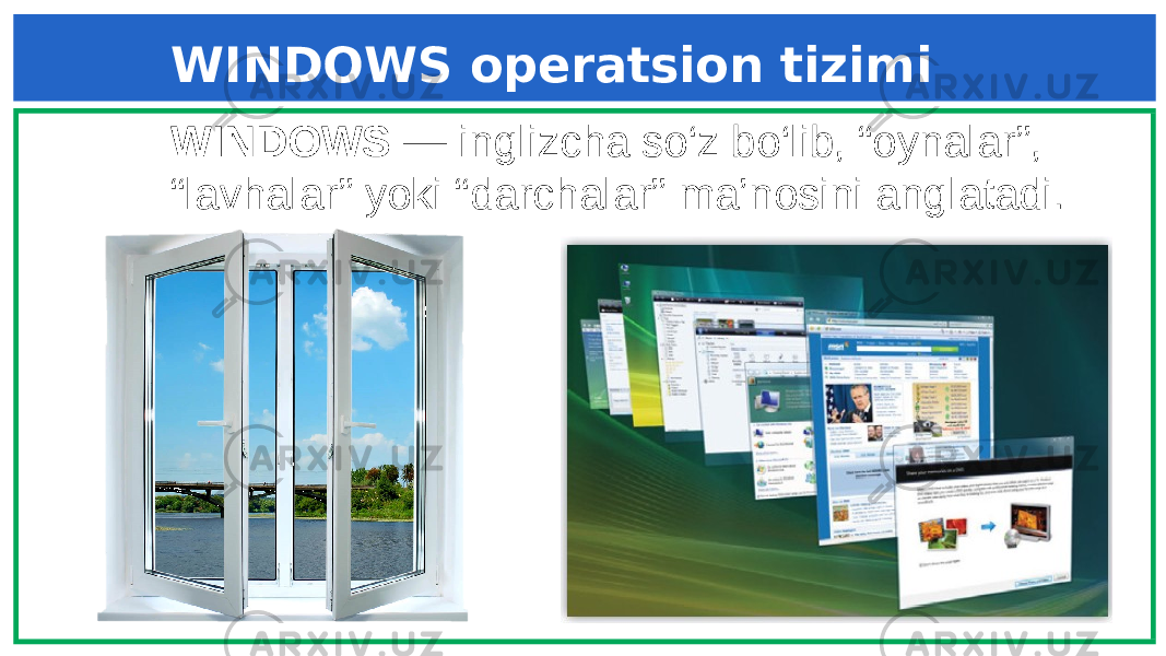 WINDOWS operatsion tizimi WINDOWS — inglizcha so‘z bo‘lib, “oynalar”, “lavhalar” yoki “darchalar” ma’nosini anglatadi. 