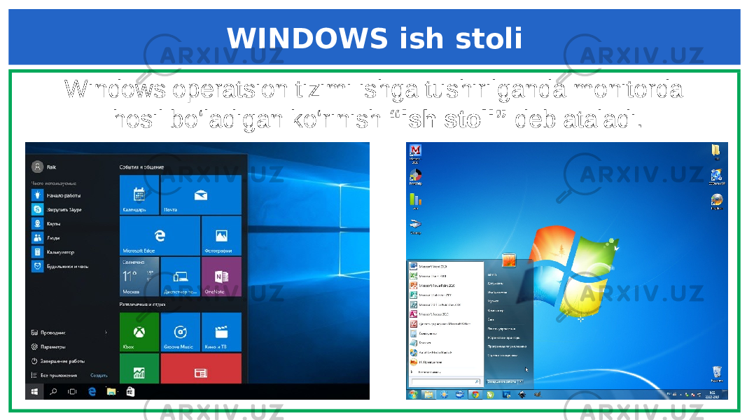 WINDOWS ish stoli Windows operatsion tizimi ishga tushirilganda monitorda hosil bo‘ladigan ko‘rinish “ish stoli” deb ataladi. 