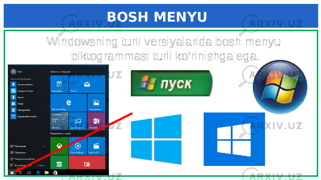 BOSH MENYU Windowsning turli versiyalarida bosh menyu piktogrammasi turli ko‘rinishga ega. 