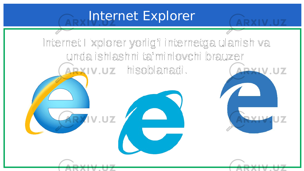 Internet Explorer Internet Explorer yorlig‘i internetga ulanish va unda ishlashni ta’minlovchi brauzer hisoblanadi. 