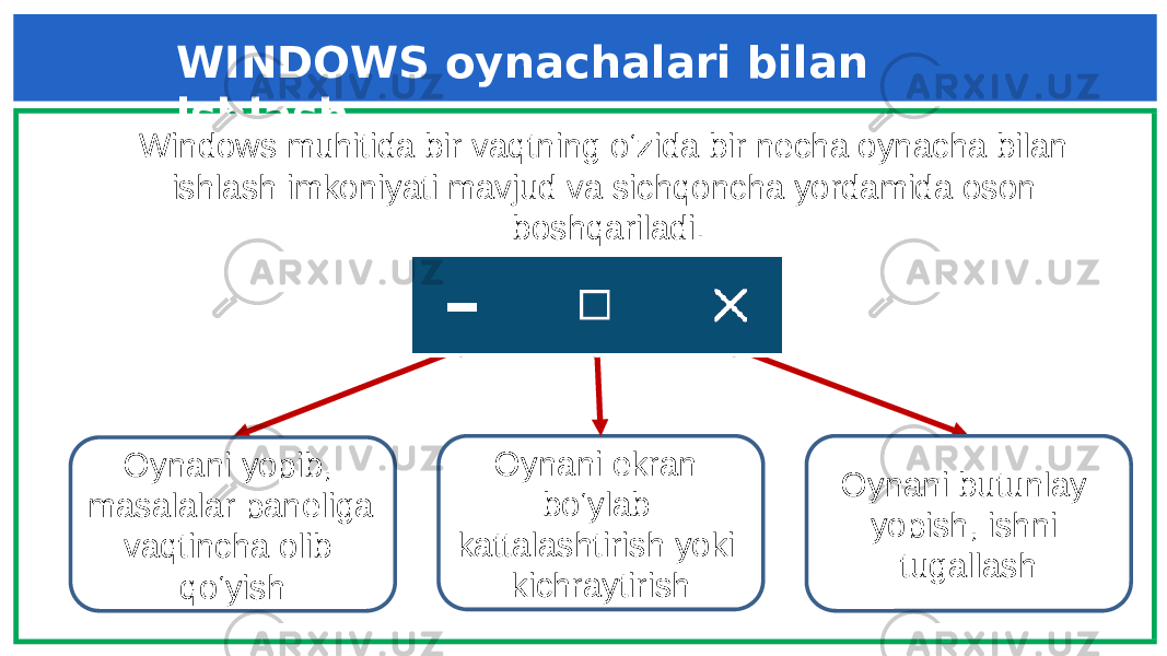 Windows muhitida bir vaqtning o‘zida bir necha oynacha bilan ishlash imkoniyati mavjud va sichqoncha yordamida oson boshqariladi. WINDOWS oynachalari bilan ishlash Oynani yopib, masalalar paneliga vaqtincha olib qo‘yish Oynani ekran bo‘ylab kattalashtirish yoki kichraytirish Oynani butunlay yopish, ishni tugallash 