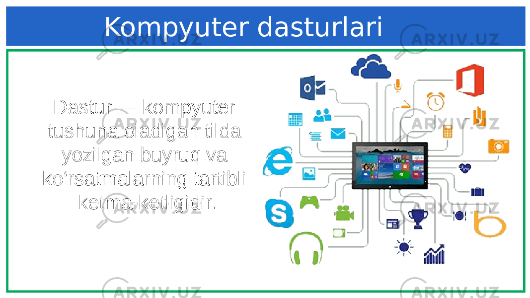 Kompyuter dasturlari Dastur — kompyuter tushuna oladigan tilda yozilgan buyruq va ko‘rsatmalarning tartibli ketma-ketligidir. 