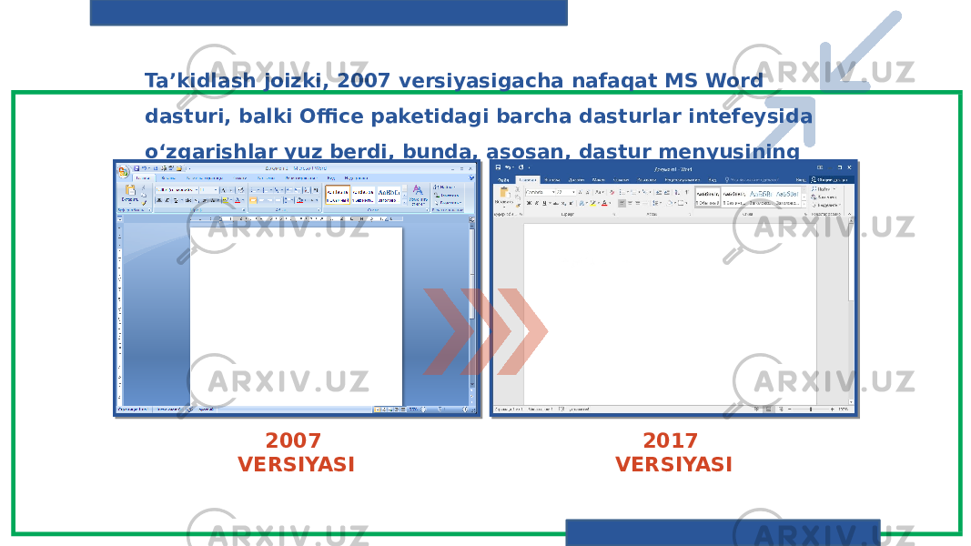 Ta’kidlash joizki, 2007 versiyasigacha nafaqat MS Word dasturi, balki Office paketidagi barcha dasturlar intefeysida o‘zgarishlar yuz berdi, bunda, asosan, dastur menyusining ko‘rinishi o‘zgardi. 2007 VERSIYASI 2017 VERSIYASI 