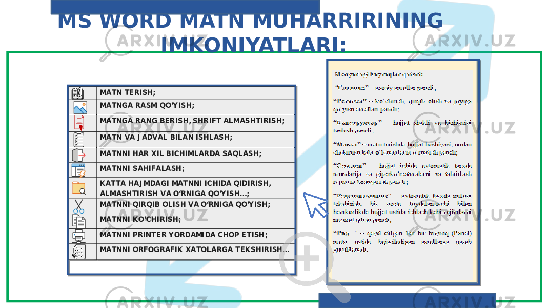 MS WORD MATN MUHARRIRINING IMKONIYATLARI: MATN TERISH; M ATNGA RASM QO‘Y ISH; M ATNGA RANG BERISH, SHRIFT ALMASHTIRISH; M ATN VA J ADVAL BILAN ISHLASH; M ATNNI HAR XIL BICHIMLARDA SAQLASH; M ATNNI SAHIFALASH; KATTA HAJ MDAGI MATNNI ICHIDA QIDIRISH, ALMASHTIRISH VA O‘RNIGA QO‘Y ISH…; M ATNNI QIRQIB OLISH VA O‘RNIGA QO‘Y ISH; M ATNNI K O‘CHIRISH; M ATNNI PRINTER Y ORDAMIDA CHOP ETISH; M ATNNI ORFOGRAFIK XATOLARGA TEK SHIRISH… 05 1E 1204 01 05 05 1E 06 12 05 1E 06 12 05 1E 06 12 05 1E 06 12 05 1E 06 12 0505 31 06 06 12 05 1E 06 12 05 1E 06 12 05 1E 06 12 05 1E 06 12 01 