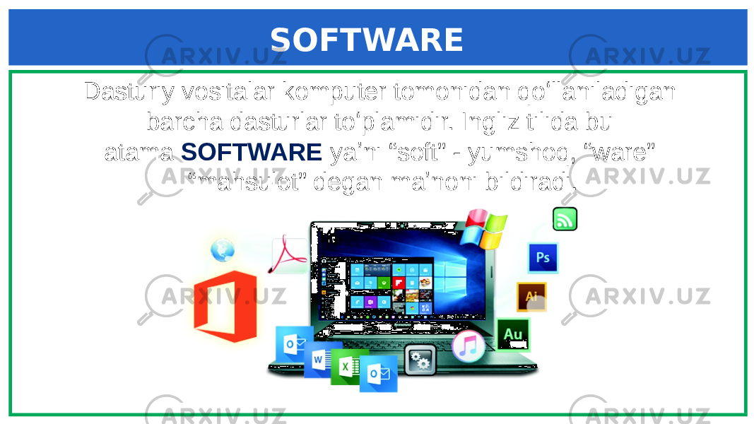 Dasturiy vositalar komputer tomonidan qoʻllaniladigan barcha dasturlar toʻplamidir. Ingliz tilida bu atama  SOFTWARE  yaʼni “soft” - yumshoq, “ware” “mahsulot” degan maʼnoni bildiradi. SOFTWARE 