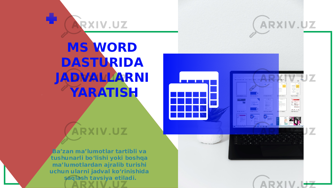 MS WORD DASTURIDA JADVALLARNI YARATISH Ba’zan ma’lumotlar tartibli va tushunarli bo‘lishi yoki boshqa ma’lumotlardan ajralib turishi uchun ularni jadval ko‘rinishida saqlash tavsiya etiladi. 