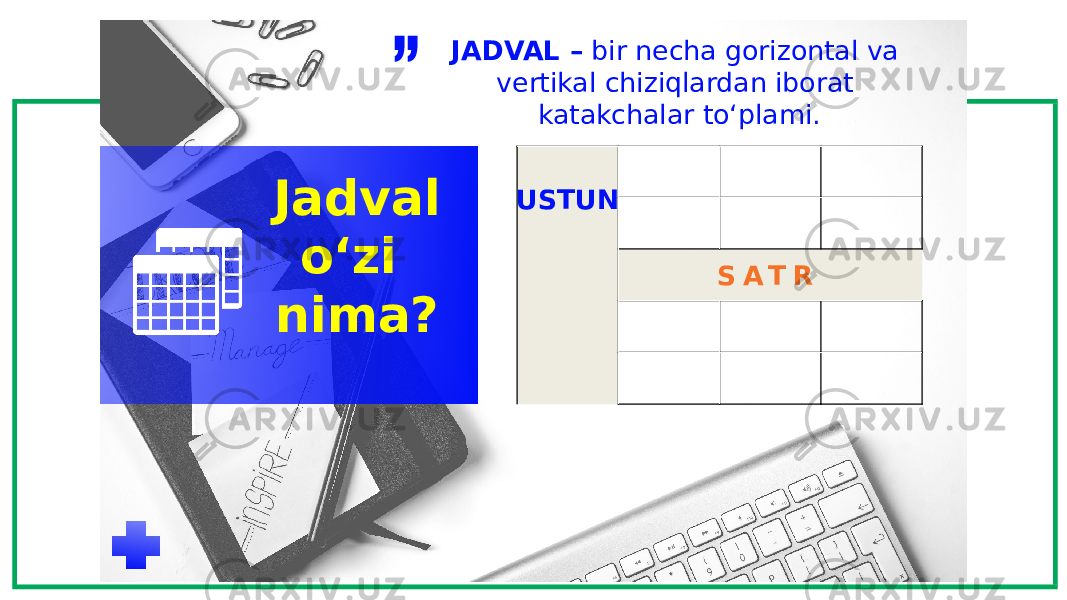 JADVAL – bir necha gorizontal va vertikal chiziqlardan iborat katakchalar to‘plami. Jadval o‘zi nima? USTUN S A T R 