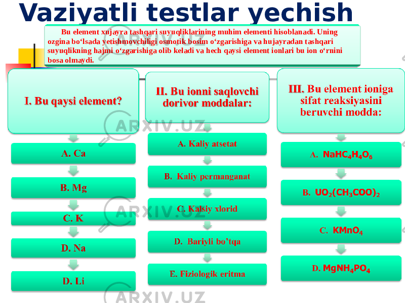 Vaziyatli testlar yechish Bu element xujayra tashqari suyuqliklarining muhim elementi hisoblanadi. Uning ozgina bо‘lsada yetishmovchiligi osmotik bosim о‘zgarishiga va hujayradan tashqari suyuqlikning hajmi о‘zgarishiga olib keladi va hech qaysi element ionlari bu ion о‘rnini bosa olmaydi. 0707070707 01 2A 24 252A 