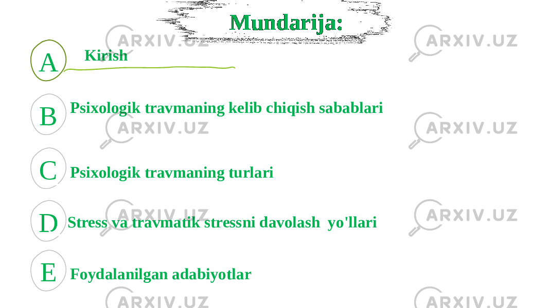 Mundarija: Kirish A B Psixologik travmaning kelib chiqish sabablari C D Psixologik travmaning turlari Stress va travmatik stressni davolash yo&#39;llari E Foydalanilgan adabiyotlar 