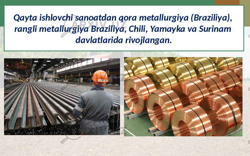 Qayta ishlovchi sanoatdan qora metallurgiya (Braziliya), rangli metallurgiya Braziliya, Chili, Yamayka va Surinam davlatlarida rivojlangan. 