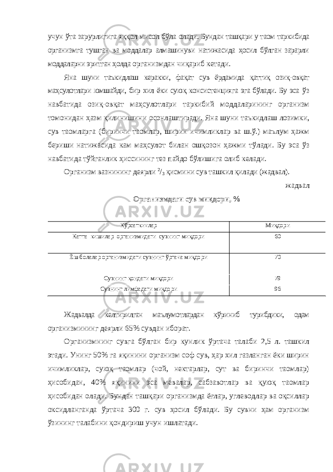 учун ўта зарурлигига яққол мисол бўла олади. Бундан ташқари у таом таркибида организмга тушган ва моддалар алмашинуви натижасида ҳосил бўлган зарарли моддаларни эритган ҳолда организмдан чиқариб кетади. Яна шуни таъкидлаш керакки, фақат сув ёрдамида қаттиқ озиқ-овқат маҳсулотлари юмшайди, бир хил ёки суюқ консистенцияга эга бўлади. Бу эса ўз навбатида озиқ-овқат маҳсулотлари таркибий моддаларининг организм томонидан ҳазм қилинишини осонлаштиради. Яна шуни таъкидлаш лозимки, сув таомларга (биринчи таомлар, ширин ичимликлар ва ш.ў.) маълум ҳажм бериши натижасида кам маҳсулот билан ошқозон ҳажми тўлади. Бу эса ўз навбатида тўйганлик ҳиссининг тез пайдо бўлишига олиб келади. Организм вазнининг деярли 2 / 3 қисмини сув ташкил қилади (жадвал). жадвал Организмдаги сув миқдори, % Кўрсаткичлар Миқдори Катта кишилар организмидаги сувнинг миқдори 60 Ёш болалар организмидаги сувнинг ўртача миқдори 70 Сувнинг қондаги миқдори 79 Сувнинг лимфадаги миқдори 96 Жадвалда келтирилган маълумотлардан кўриниб турибдики, одам организмининг деярли 65% сувдан иборат. Организмнинг сувга бўлган бир кунлик ўртача талаби 2,5 л. ташкил этади. Унинг 50% га яқинини организм соф сув, ҳар хил газланган ёки ширин ичимликлар, суюқ таомлар (чой, нектарлар, сут ва биринчи таомлар) ҳисобидан, 40% яқинини эса мевалар, сабзавотлар ва қуюқ таомлар ҳисобидан олади. Бундан ташқари организмда ёғлар, углеводлар ва оқсиллар оксидланганда ўртача 300 г. сув ҳосил бўлади. Бу сувни ҳам организм ўзининг талабини қондириш учун ишлатади. 