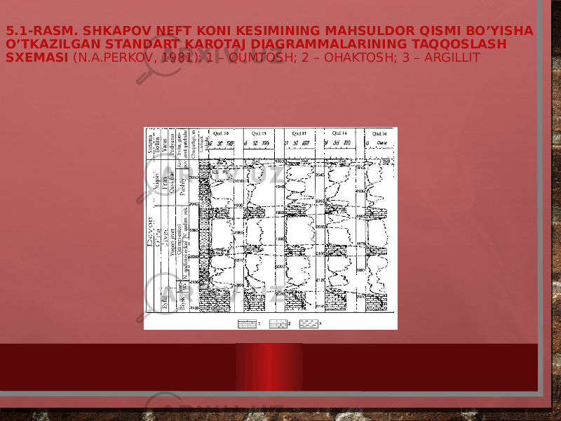 5.1-RASM. SHKAPOV NEFT KONI KESIMINING MAHSULDOR QISMI BO’YISHA O’TKAZILGAN STANDART KAROTAJ DIAGRAMMALARINING TAQQOSLASH SXEMASI (N.A.PERKOV, 1981): 1 – QUMTOSH; 2 – OHAKTOSH; 3 – ARGILLIT 