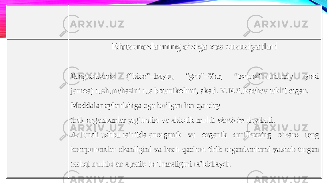 Biotsenozlarning o’ziga xos xususiyatlari Biogeotsenoz (“bios”–hayot, “geo”–Yer, “tsenoz”–umumiy yoki jamoa) tushunchasini rus botanikolimi, akad. V.N.Sukachev taklif etgan.  Moddalar aylanishiga ega bo’lgan har qanday tirik organizmlar yig’indisi va abiotik muhit  ekotizim  deyiladi.  A.Tensli ushbu ta’rifda anorganik va organik omillarning o’zaro teng komponentlar ekanligini va hech qachon tirik organizmlarni yashab turgan tashqi muhitdan ajratib bo’lmasligini ta’kidlaydi. 