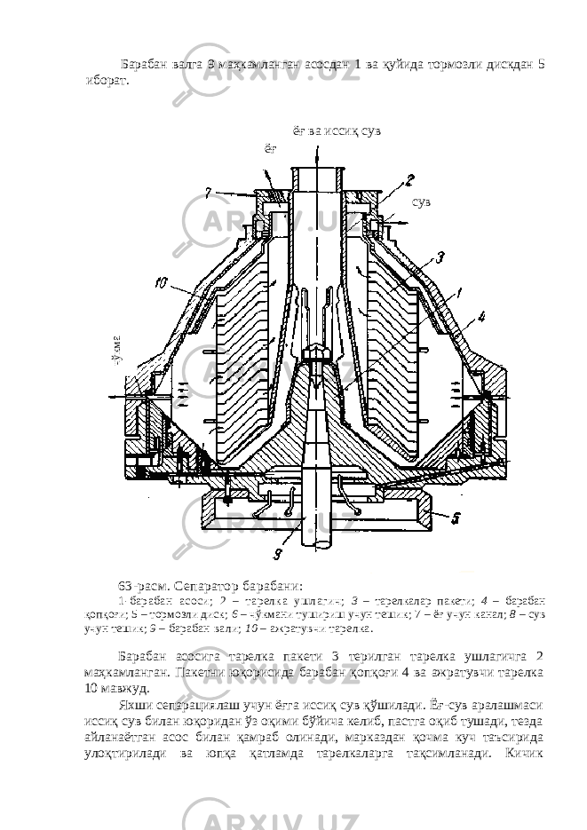 Барабан валга 9 маҳкамланган асосдан 1 ва қуйида тормозли дискдан 5 иборат. 63-расм . Сепаратор ба рабан и : 1 - барабан а соси ; 2 – тарелк а ушлагич ; 3 – тарелкалар пакети ; 4 – барабан қопқоғи ; 5 – тор моз ли диск ; 6 – чўкмани тушириш учун тешик ; 7 – ёғ учун канал ; 8 – сув учун тешик ; 9 – барабан в а ли ; 10 – ажратувчи тарелка. Барабан асосига тарелка пакети 3 терилган тарелка ушлагичга 2 маҳкамланган. Пакетни юқорисида барабан қопқоғи 4 ва ажратувчи тарелка 10 мавжуд. Яхши сепарациялаш учун ёғга иссиқ сув қўшилади. Ёғ-сув аралашмаси иссиқ сув билан юқоридан ўз оқими бўйича келиб, пастга оқиб тушади, тезда айланаётган асос билан қамраб олинади, марказдан қочма куч таъсирида улоқтирилади ва юпқа қатламда тарелкаларга тақсимланади. Кичик ёғ ва иссиқ сув ёғ сув чўкма 