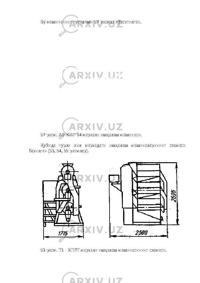 Бу машинанинг тузилиши 52-расмда кўрсатилган. 52-расм. А9-КИГ-14 маркали ишқалаш машинаси. Қуйида турли хил маркадаги ишқалаш машиналарининг схемаси берилган (53, 54, 55-расмлар). 53-расм. Т1 - КП2Т маркали ишқалаш машинасининг схемаси. 