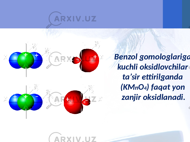 Benzol gomologlariga kuchli oksidlovchilar ta’sir ettirilganda (KM n O 4 ) faqat yon zanjir oksidlanadi. 