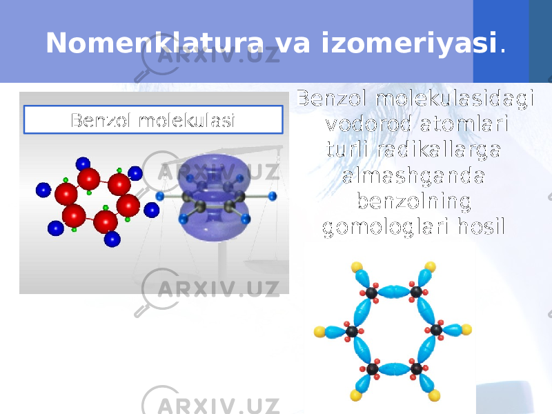 Nomenklatura va izomeriyasi . Benzol molekulasidagi vodorod atomlari turli radikallarga almashganda benzolning gomologlari hosil bo‘ladi.Benzol molekulasi 