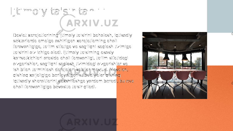 Ijtimoiy ta&#39;sir tahlili Davlat xarajatlarining ijtimoiy ta&#39;sirini baholash, iqtisodiy sektorlarda amalga oshirilgan xarajatlarning aholi farovonligiga, ta&#39;lim sifatiga va sog&#39;liqni saqlash tizimiga ta&#39;sirini o&#39;z ichiga oladi. Ijtimoiy ta&#39;sirning asosiy ko&#39;rsatkichlari orasida aholi farovonligi, ta&#39;lim sifatidagi o&#39;zgarishlar, sog&#39;liqni saqlash tizimidagi o&#39;zgarishlar va ish bilan ta&#39;minlash darajalari kabilar mavjud. Masalan, qishloq xo&#39;jaligiga berilayotgan subsidiyalar qishloq iqtisodiy sharoitlarini yaxshilashga yordam beradi, bu esa aholi farovonligiga bevosita ta&#39;sir qiladi. 