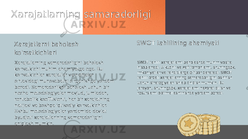 Xarajatlarning samaradorligi Xarajatlarning samaradorligini baholash ko&#39;rsatkichi muhim ahamiyatga ega. Bu ko&#39;rsatkichlar xarajatlar va natijalar o&#39;rtasidagi munosabatni o&#39;rganishga yordam beradi. Samaradorlikni baholash uchun bir necha metodologiyalar mavjud, jumladan, rentabellik koeffitsienti, har bir xarajatning natijasi va boshqa iqtisodiy ko&#39;rsatkichlar. Ushbu metodologiyalar yordamida davlat byudjeti xarajatlarining samaradorligini aniqlash mumkin. SWOT tahlili xarajatlarni baholashda muhim vosita hisoblanadi. U kuchli va zaif tomonlarni, shuningdek, imkoniyatlar va tahdidlarga e&#39;tibor qaratadi. SWOT tahlili orqali xarajatlarning samaradorligini oshirish uchun strategiyalar ishlab chiqish mumkin. Bu jarayon, shuningdek, xarajatlarni nazorat qilish va resurslarni optimallashtirishda yordam beradi.Xarajatlarni baholash ko&#39;rsatkichlari SWOT tahlilining ahamiyati 