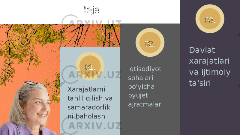 01. 02. 03.Reja Xarajatlarni tahlil qilish va samaradorlik ni baholash Iqtisodiyot sohalari bo&#39;yicha byujet ajratmalari Davlat xarajatlari va ijtimoiy ta&#39;siri 