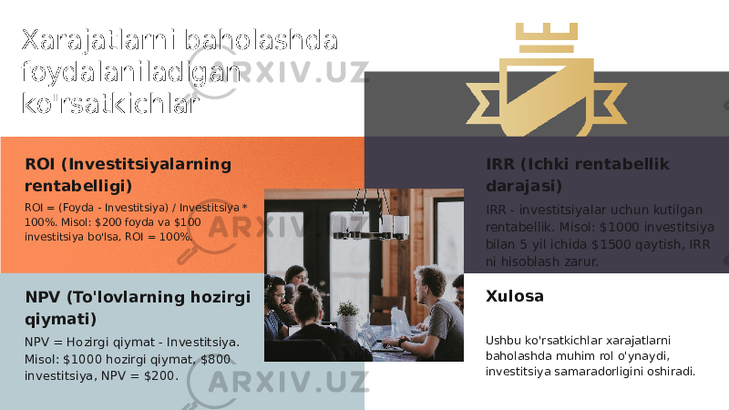 Xarajatlarni baholashda foydalaniladigan ko&#39;rsatkichlar ROI (Investitsiyalarning rentabelligi) ROI = (Foyda - Investitsiya) / Investitsiya * 100%. Misol: $200 foyda va $100 investitsiya bo&#39;lsa, ROI = 100%. NPV (To&#39;lovlarning hozirgi qiymati) NPV = Hozirgi qiymat - Investitsiya. Misol: $1000 hozirgi qiymat, $800 investitsiya, NPV = $200. IRR (Ichki rentabellik darajasi) IRR - investitsiyalar uchun kutilgan rentabellik. Misol: $1000 investitsiya bilan 5 yil ichida $1500 qaytish, IRR ni hisoblash zarur. Xulosa Ushbu ko&#39;rsatkichlar xarajatlarni baholashda muhim rol o&#39;ynaydi, investitsiya samaradorligini oshiradi. 