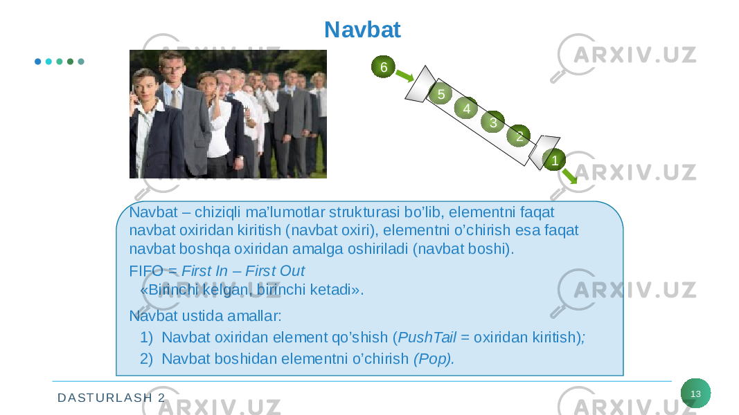 D A S T U R L A S H 2 13Navbat 123456 Navbat – chiziqli ma’lumotlar strukturasi bo’lib, elementni faqat navbat oxiridan kiritish (navbat oxiri), elementni o’chirish esa faqat navbat boshqa oxiridan amalga oshiriladi (navbat boshi). FIFO = First In – First Out «Birinchi kelgan, birinchi ketadi». Navbat ustida amallar: 1) Navbat oxiridan element qo’shish ( PushTail = oxiridan kiritish) ; 2) Navbat boshidan elementni o’chirish (Pop). 