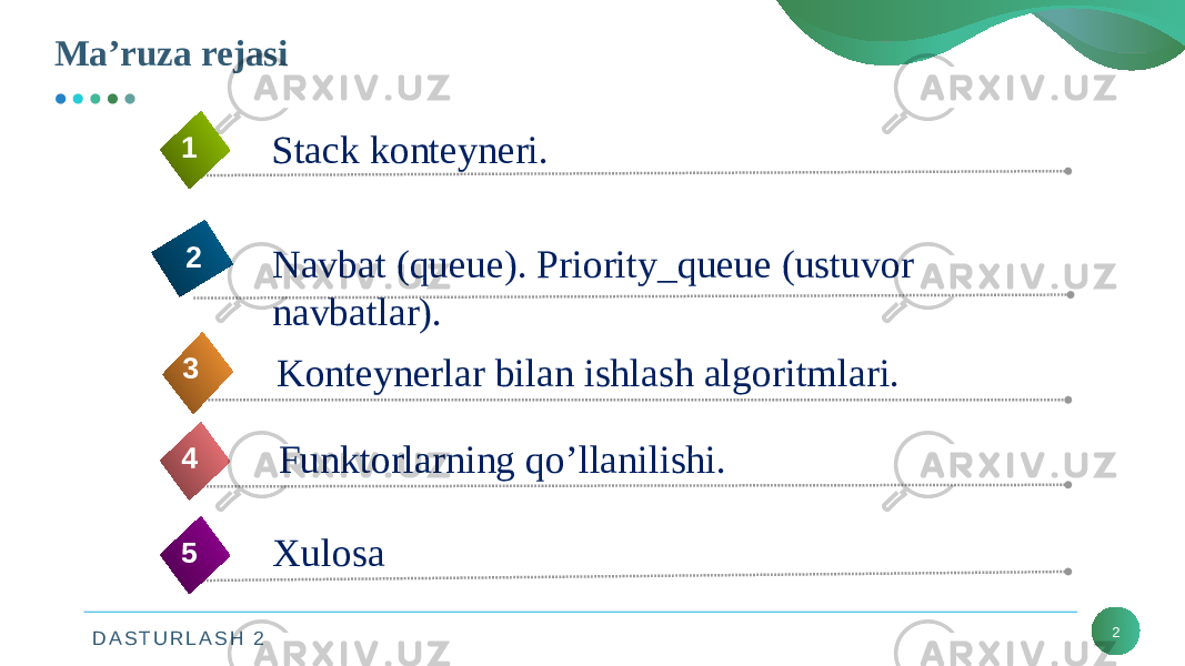 D A S T U R L A S H 2Mа’ruza rejasi 2Funktorlarning qo’llanilishi. 4 Stack konteyneri.1 Navbat (queue). Priority_queue (ustuvor navbatlar).2 Konteynerlar bilan ishlash algoritmlari.3 Xulosa5 