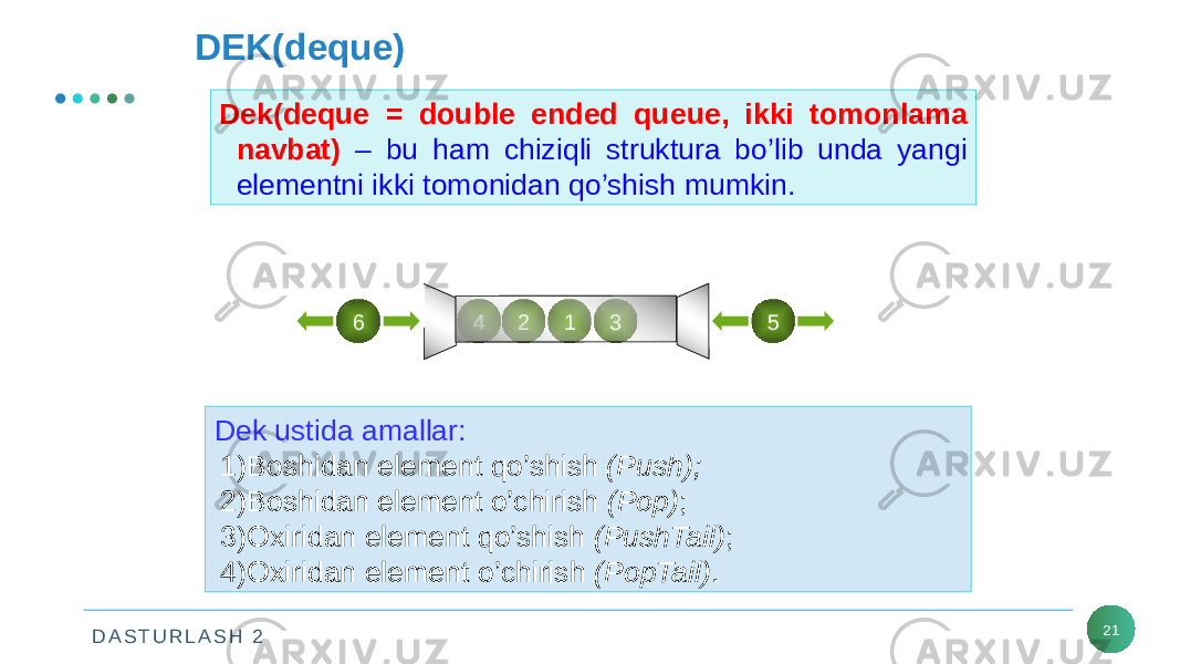 D A S T U R L A S H 2 21DEK(deque) Dek(deque = double ended queue, ikki tomonlama navbat) – bu ham chiziqli struktura bo’lib unda yangi elementni ikki tomonidan qo’shish mumkin. 12 34 56 Dek ustida amallar: 1) Boshidan element qo’shish (Push); 2) Boshidan element o’chirish (Pop) ; 3) Oxiridan element qo’shish (PushTail) ; 4) Oxiridan element o’chirish (PopTail) . 