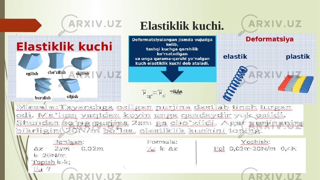 Elastiklik kuchi. F og’ =F el =kx  